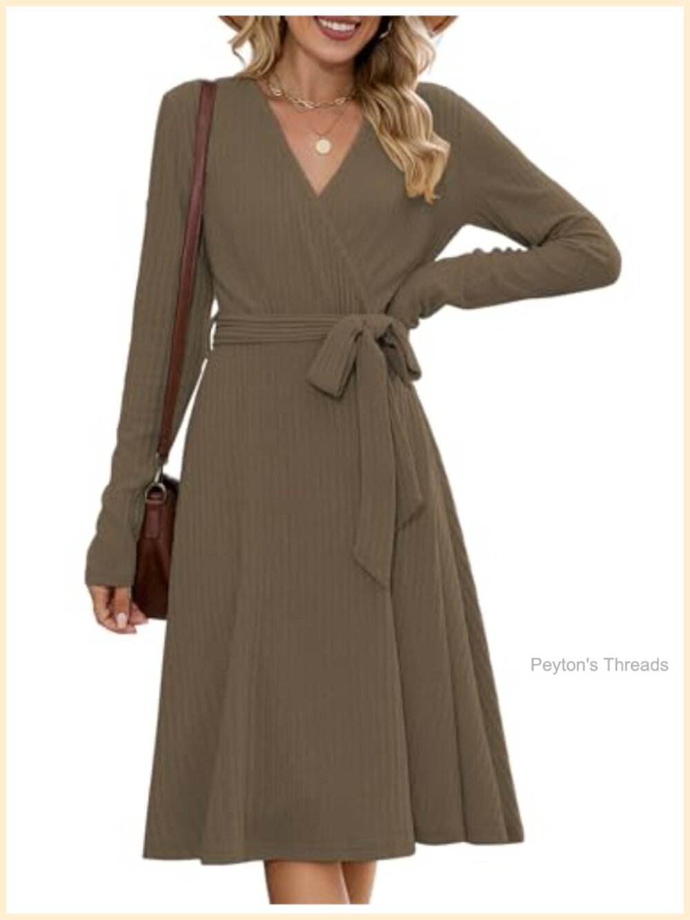 Women's Long Sleeve Wrap V Neck Ribbed Knit Midi Sweater Dress